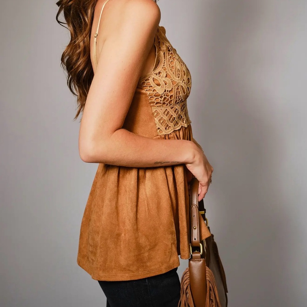 Lace Bralette Faux Suede Tank Top - Picture 3 of 6
